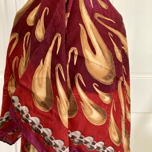 Large Paisley Silk Scarf, Terracotta, Burgundy, Gold, Jaquard, NWT - Picture 4 of 9